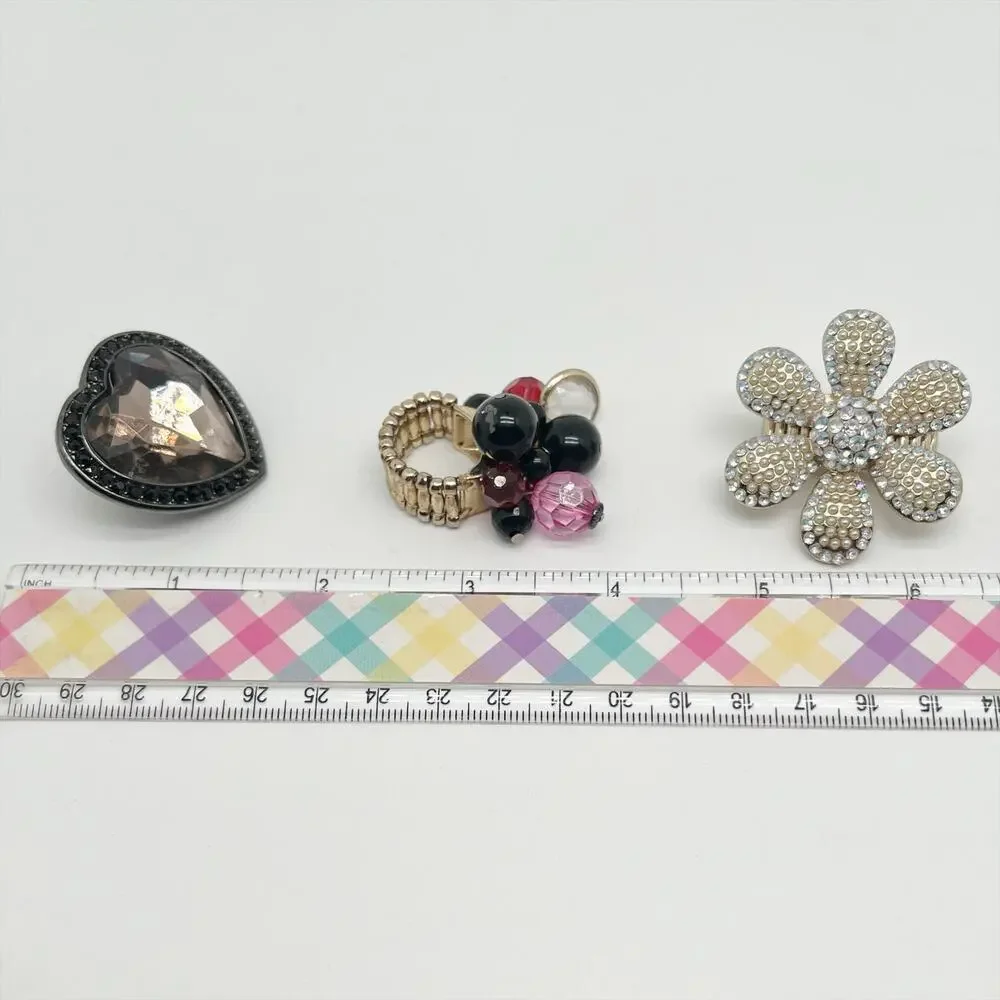 Lot of 3 Large Statement Elastic Cocktail Rings - Flower - Heart -Dangle Beads